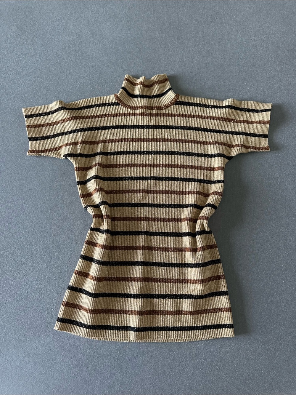 Y2K New York & Company Metallic Striped Short Sleeve Turtleneck Sweater